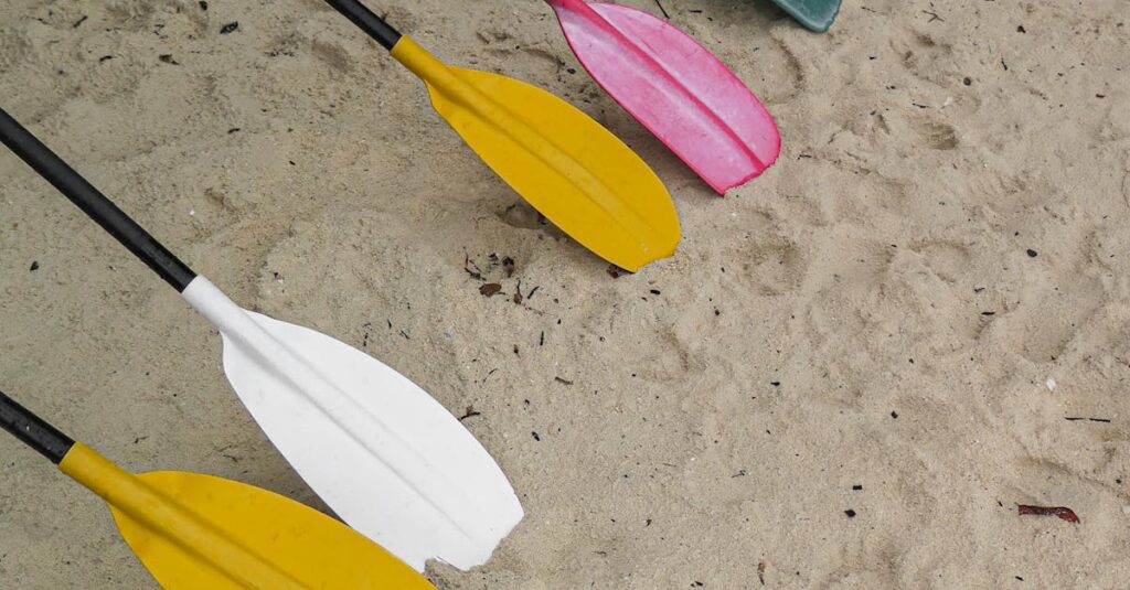 A variety of colorful paddles laid out on a sandy beach, showcasing a vibrant outdoor setting.
